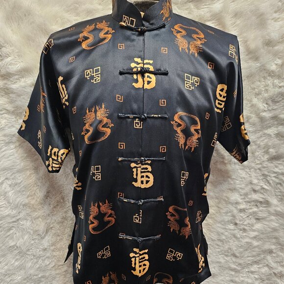 YYSB Chinese Traditional Jacket Men's Black Silk Satin Button Dragon Blessings S - Picture 1 of 7